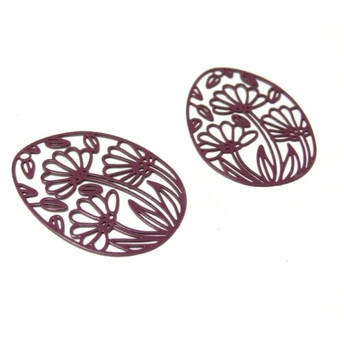Ae114135 lot de 4 estampes pendentif filigrane fleurs zen, sakura aubergine 30 par 24mm
