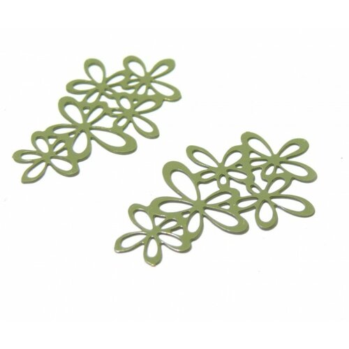 Ae112343 lot de 4 estampes pendentif filigrane grappe de fleurs vert kaki 35 par 16mm