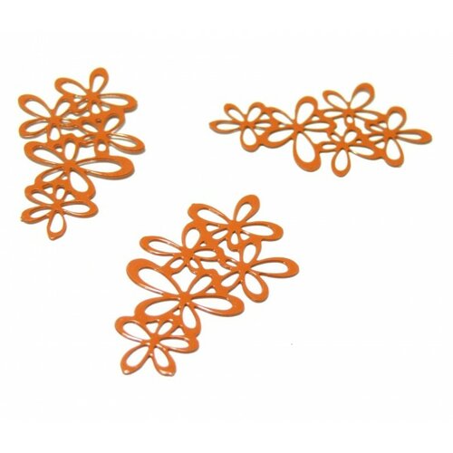 Ae112343 lot de 4 estampes pendentif filigrane grappe de fleurs orange 35 par 16mm