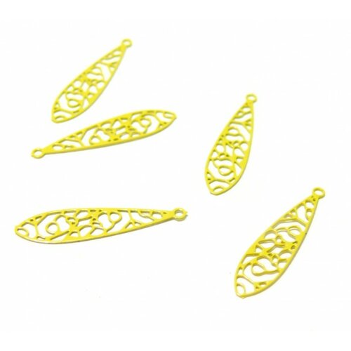 Ae118008 lot de 6 estampes pendentif filigrane goutte oblong ajourée jaune 5 par 22mm
