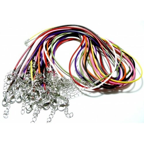 161020164759 pax 20 colliers ras de cou en corde ciree multicolores 1.5mm avec chaine d'extension