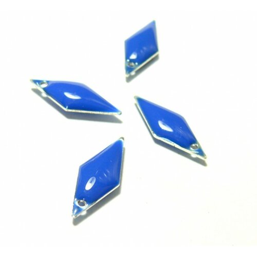 4 sequins médaillons style émaillés biface losange bleu 18mm ref 7 sur une base en métal argent