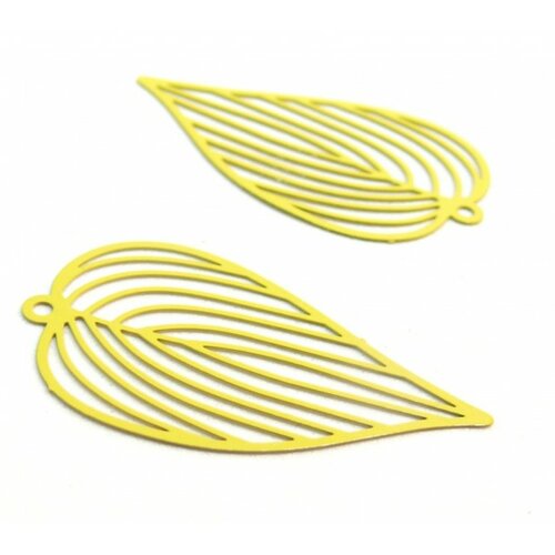 Ae115228 lot de 2 estampes pendentif filigrane grande feuille exotique jaune 25 par 42mm