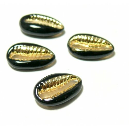 2 perles interclalaires émaillés cauri résine emaille noir sur metal doré14 par 4,5mm