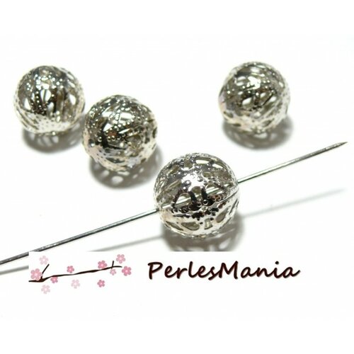 H11328512 pax 50 perles intercalaire ronde dentelle filigrane 12mm métal couleur argent platine