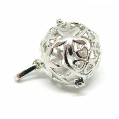 Ps110122329 pax 1 pendentif cage pour perle bola fleur et trèfle 18mm couleur argent platine