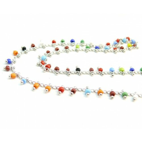 141104225916 lot de 50cm chaine et perles de verre, rocaille multicolore 2mm chaine laiton couleur argent platine