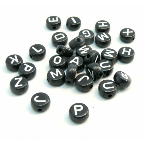Ps1117939 pax 250 pendentifs perles intercalaire passants ronde plates alphabet acryliques 7mm couleur noir