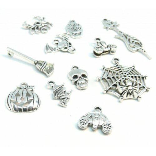 S11212856 set de 11 pieces pendentifs breloque tête de mort, crane, citrouille, halloween metal couleur argent antique