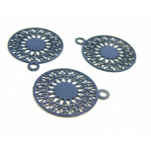 Ae113739 lot de 6 estampes pendentif filigrane mandala 15 par 17mm bleu petrole