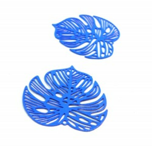 Ae115106 pax de 2 estampes connecteur filigrane feuille montsera 32mm bleu roi