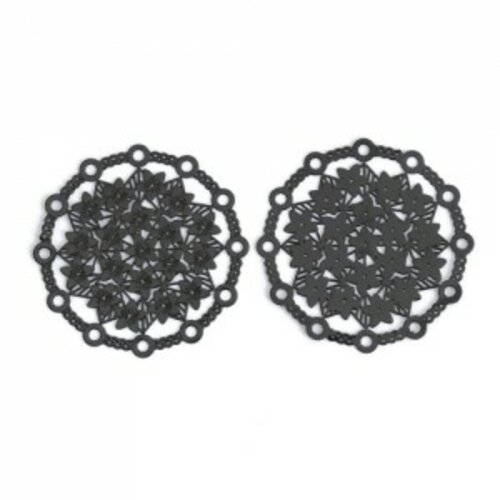 Ps110200245 pax de 5 estampes pendentif connecteur filigrane multi fleurs 29mm métal couleur noir