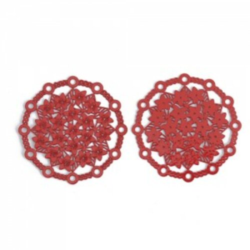 Ps110200244 pax de 5 estampes pendentif connecteur filigrane multi fleurs 29mm métal couleur rouge