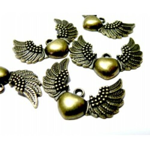 Lot de 10 pendentifs coeur et ailes métal couleur bronze ref a13543