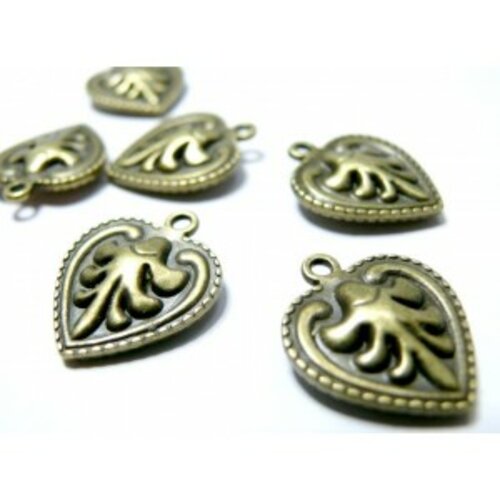 Lot de 10 pendentifs coeur art deco biface métal couleur bronze ref a1258