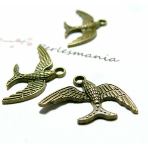Lot de 20 pendentifs oiseau hirondelle metal couleur bronze 2d1205