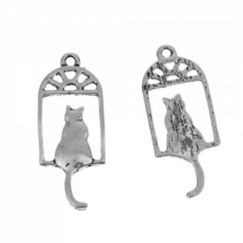 Ps1195003 pax 10 pendentifs breloque chat dans porte metal argent antique