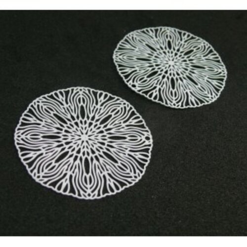 Ae113487 lot de 2 estampes pendentif filigrane rosace 40mm métal couleur blanc