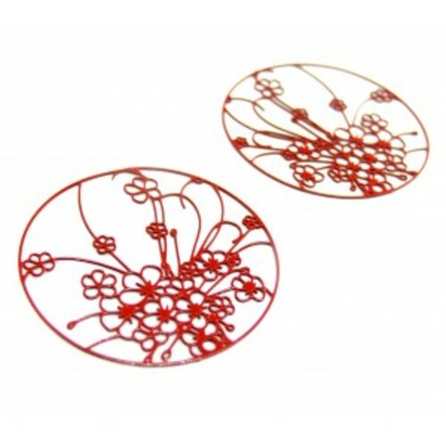 Ae114140 lot de 4 estampes pendentif filigrane champ de fleurs 30mm métal couleur rouge