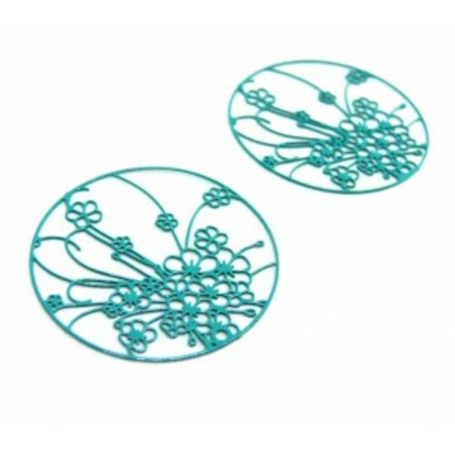 Ae114140 lot de 4 estampes pendentif filigrane champ de fleurs 30mm métal couleur bleu canard