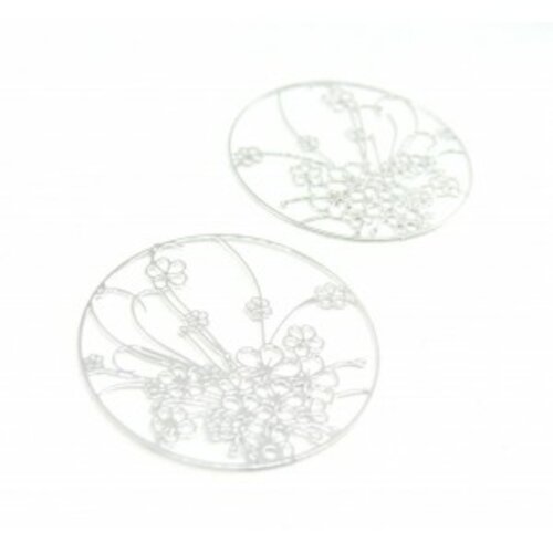 Ae114140 lot de 4 estampes pendentif filigrane champ de fleurs 30mm métal couleur argent vif