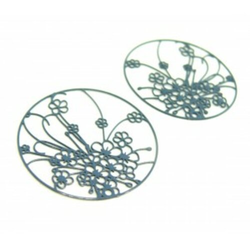 Ae114140 lot de 4 estampes pendentif filigrane champ de fleurs 30mm métal couleur bleu petrole