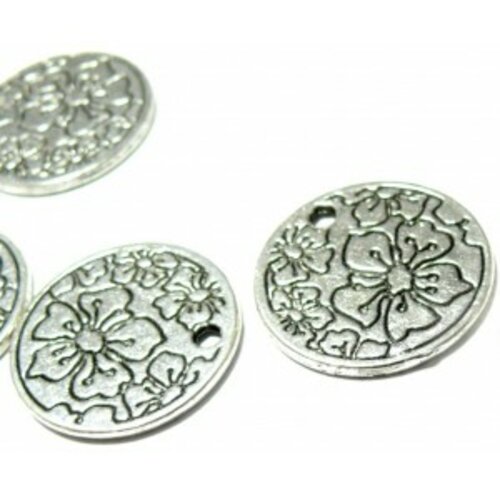 Lot de 20 pendentifs medaillon de fleur biface métal couleur argent antique 2b2645