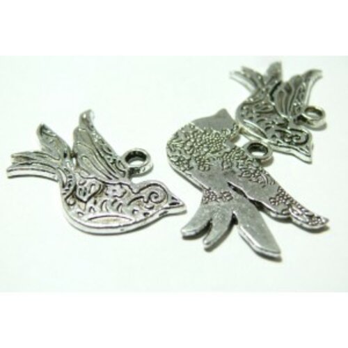 Lot de 2 pendentifs breloque oiseau stylisé métal couleur argent antique ref51