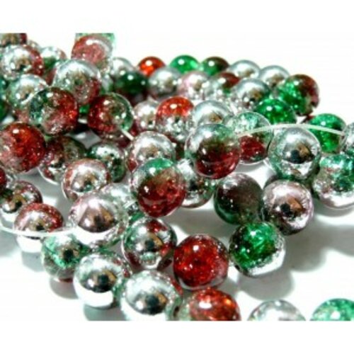 1 fil de 45 perles de verre craquelé 10mm ref pkl313 tricolore vert rouge argent