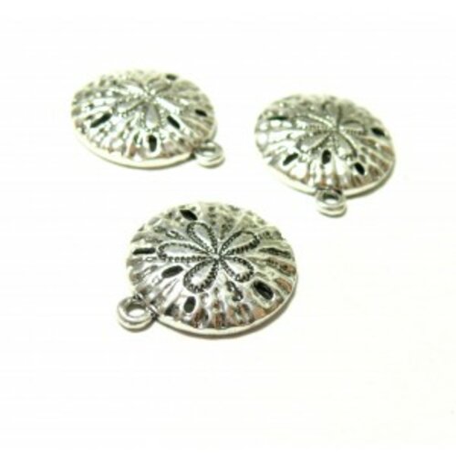 Ps110085655 pax 5 pendentifs, connecteur medaille martelée avec fleur, oursin couleur argent antique