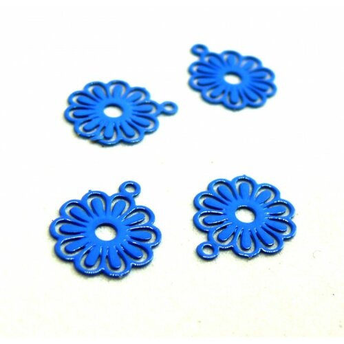 Ae113414 lot de 10 estampes pendentif filigrane petites fleurs 10mm métal couleur bleu
