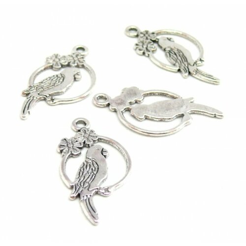 P10187 lot de 20 pendentifs oiseau perroquet  metal couleur argent antique