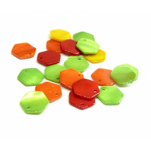 Pax 20 perles pendentifs nacres pastilles hexagone 12mm multicolores q012002