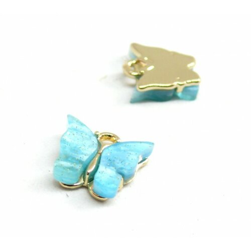 Ps110257987 pax 5 pendentifs petits papillon acrylique bleu turquoise 15 mm metal doré