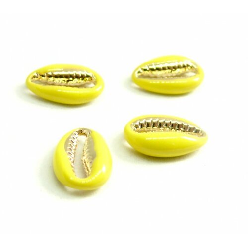 2 perles interclalaires émaillés cauri résine emaille jaune sur metal doré 14 par 4,5mm