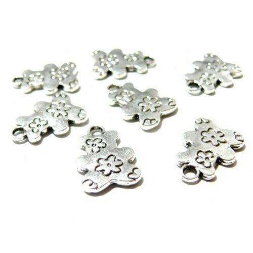 Lot de 20 pendentifs ourson à fleur métal coloris argent antique ref 2a2818 