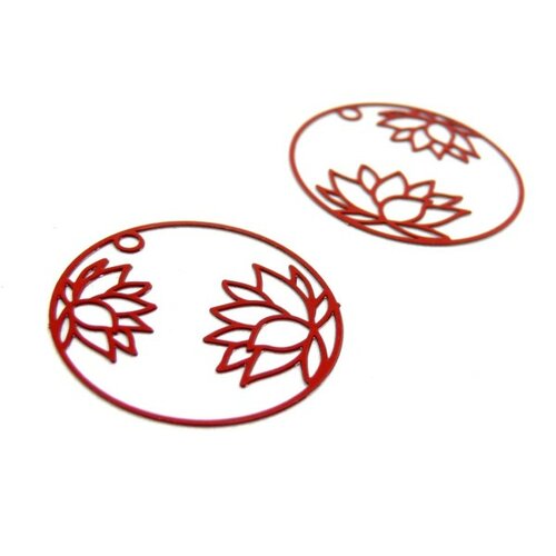 Ae115405 lot de 4 estampes pendentif filigrane fleur de lotus dans cercle 27 mm cuivre coloris rouge