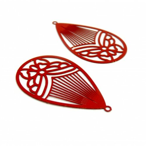 Ae116003 lot de 4 estampes pendentif filigrane papillon medaillon goutte 45mm métal couleur rouge