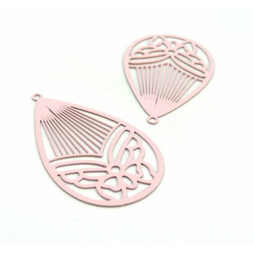 Ae116003 lot de 4 estampes pendentif filigrane papillon medaillon goutte 45mm métal couleur rose pale