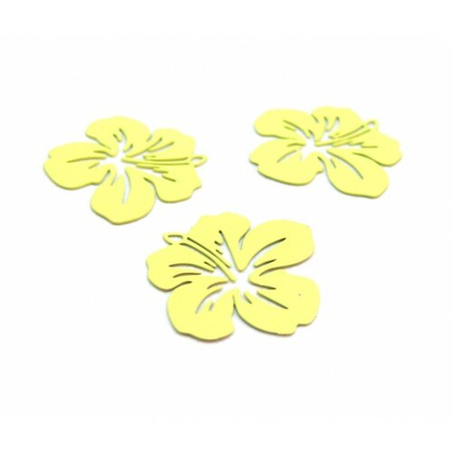 Ae11556 lot de 4 estampes pendentif filigrane fleur d' hibiscus 20 mm jaune