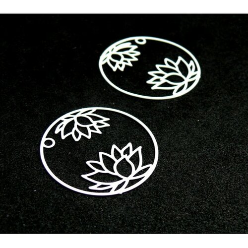 Ae115405 lot de 4 estampes pendentif filigrane fleur de lotus dans cercle 27 mm cuivre coloris blanc