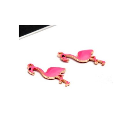 Ps11669605 pax 2 pendentifs style émaillés flamingo, flamant rose 14 par 7mm rose