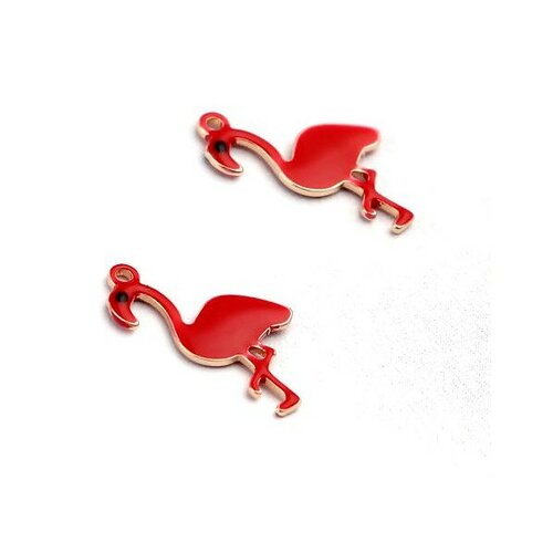 Ps11669602 pax 2 pendentifs style émaillés flamingo, flamant rose 14 par 7mm rouge