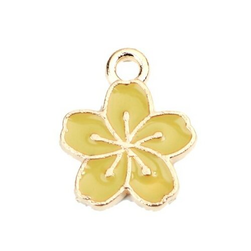 Ps110228149 pax 10 pendentifs émaillés fleur de sakura jaune vert 15mm métal doré