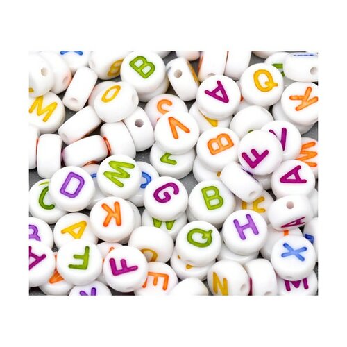 Ps1110530 pax 100 pendentifs perles intercalaire passants rond plat blanc 7mm motif alphabet multicolores acrylique