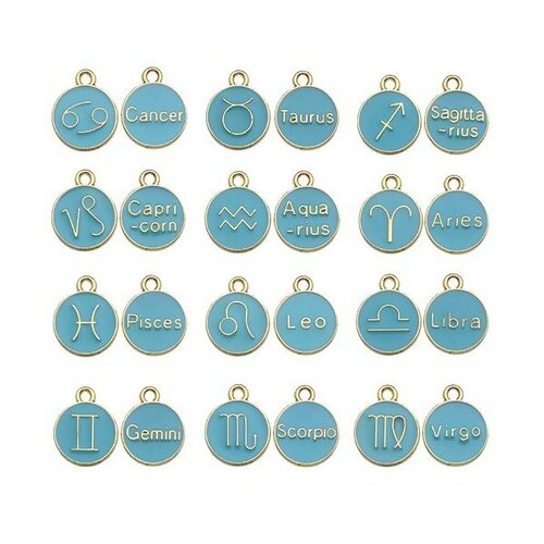 S11702277 pax 12 pendentifs médaillon signe du zodiaque, horoscope 12mm biface emaille bleu métal coloris doré