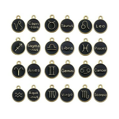 S11702276 pax 12 pendentifs médaillon signe du zodiaque, horoscope 12mm biface emaille noir métal coloris doré