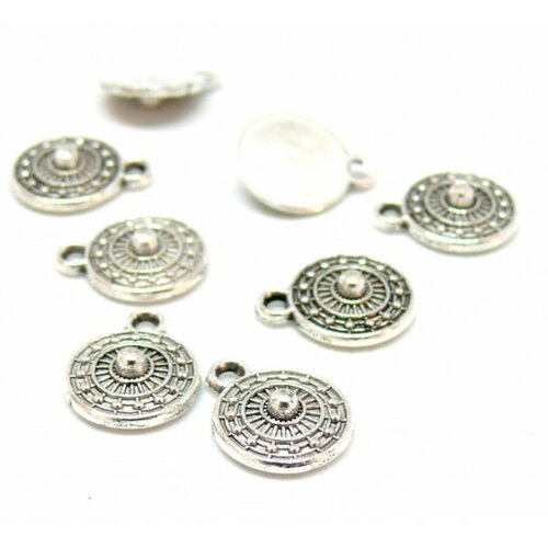 Ps110117024 pax 25 pendentifs, breloques petit médaillon rond géométrique ethnique métal coloris argent antique