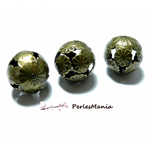 Ps115232 pax 10 pendentifs perles rondes intercalaire fleur metal couleur bronze 23mm