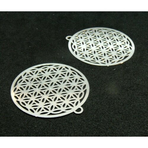 Kj113140 lot de 2 estampes pendentif filigrane cercle 31mm coloris argent vif